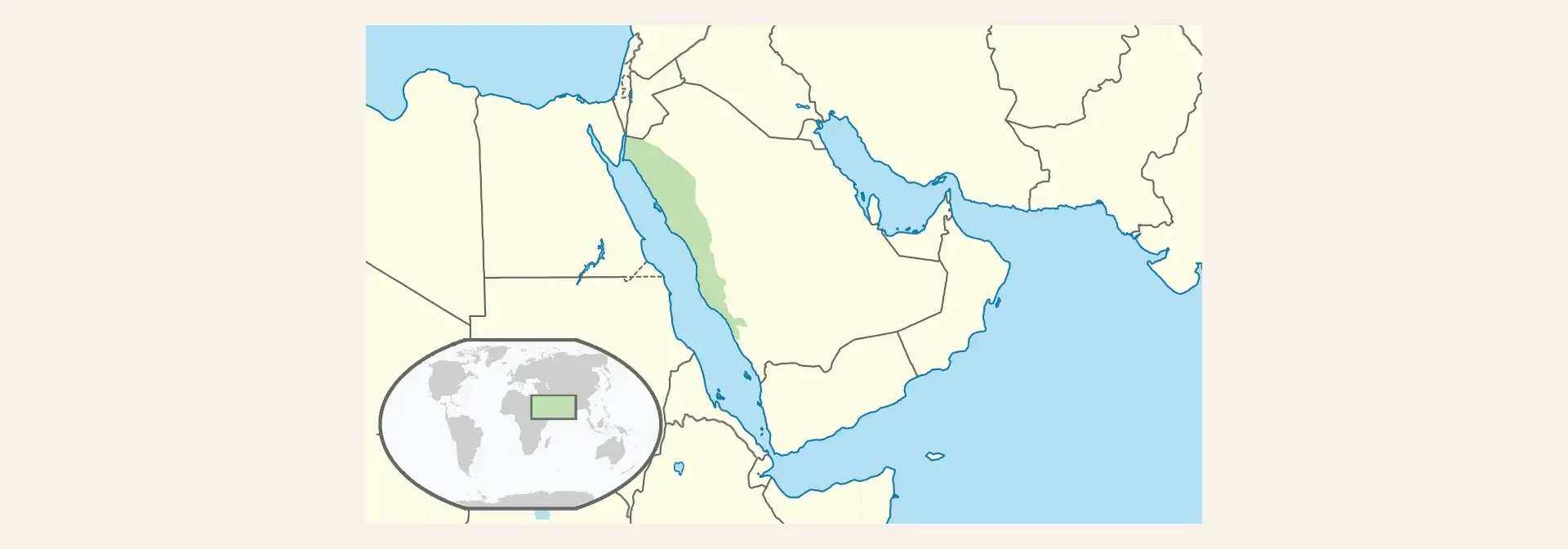 Map locating the Kingdom of Hejaz (1916–1925), marked in green along the Red Sea coast of the Arabian Peninsula, with a small world inset showing its position.